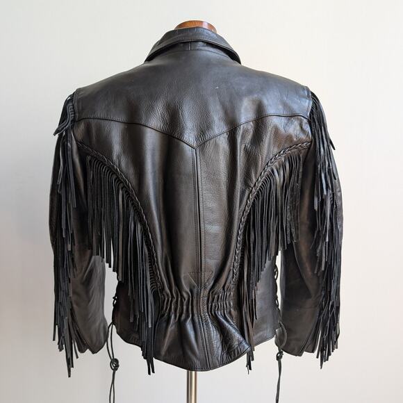 Vintage Black Leather Biker Jacket Fringe Sexy Moto Cowgirl Western Coat Small - Picture 2 of 12